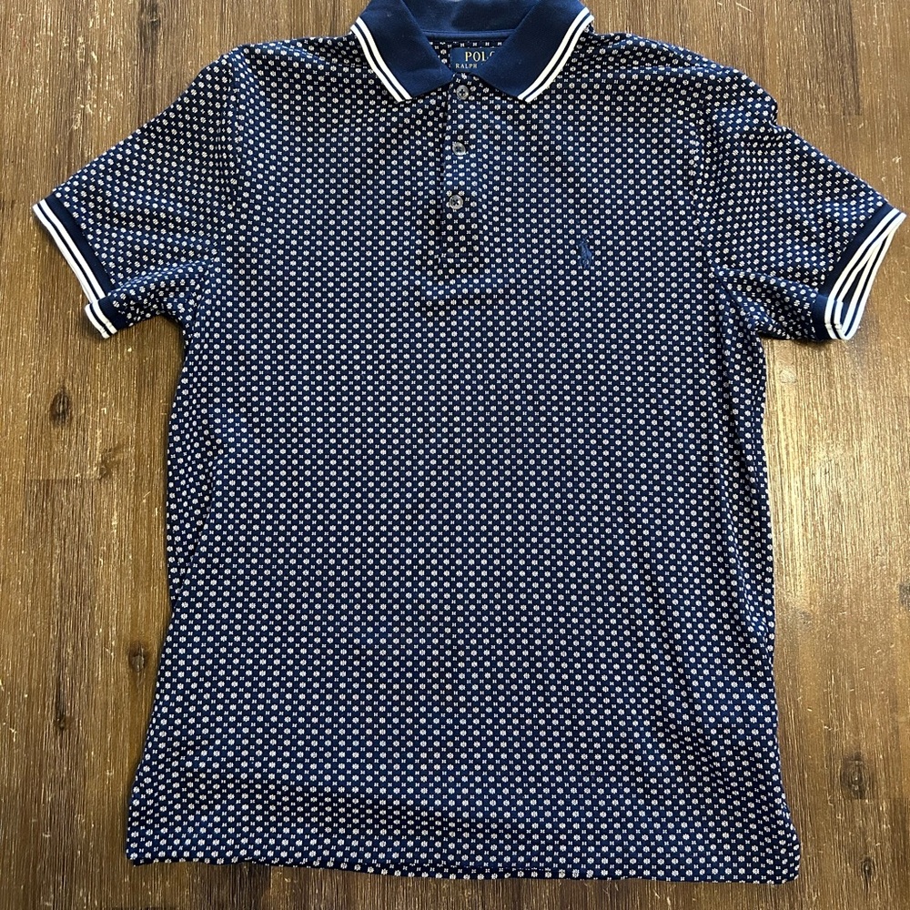 RALPH LAUREN - polo blue patterned  (medium) - custom slim fit stretch mesh